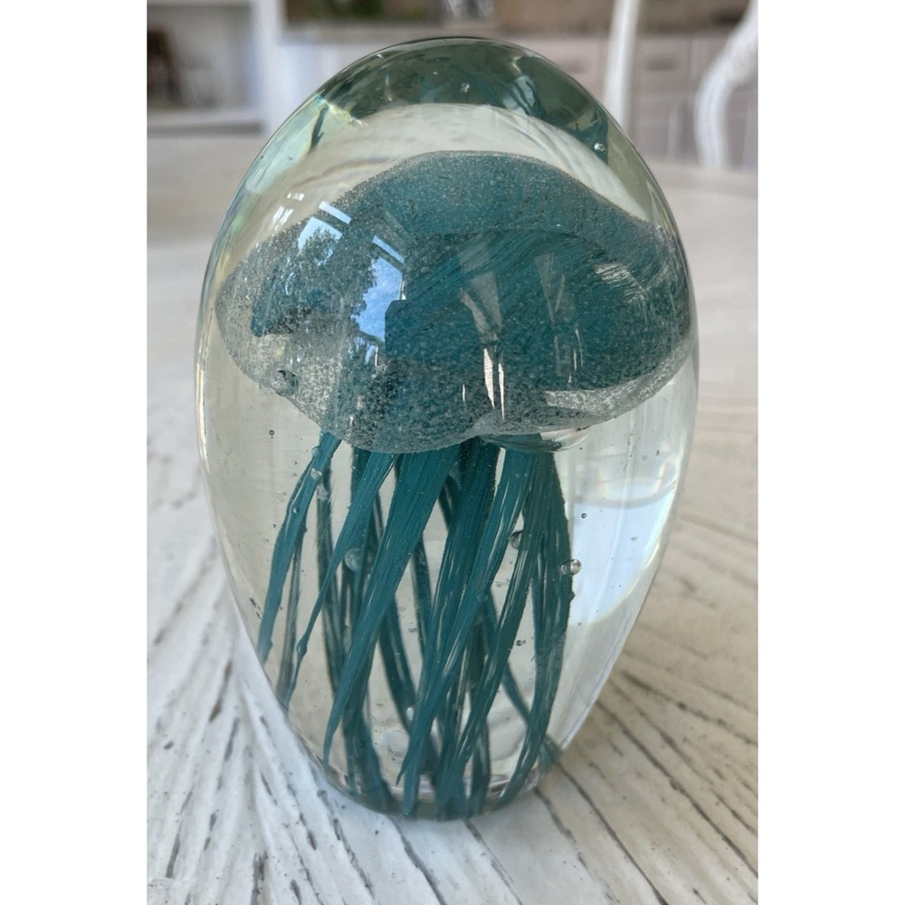 Jellyfish Art Glass Paperweight Clear Aqua Blue Bubbles 4 inch Vintage